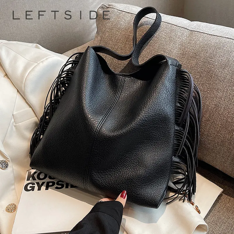 

Дизайнерские сумки через плечо LEFTSIDE с кисточками для женщин, новинка 2023, трендовые дизайнерские винтажные маленькие однотонные сумки-ведра...