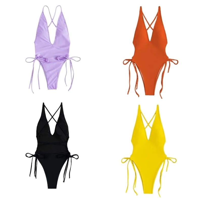 

H58D Womens Sexy Basic Criss-Cross Tie Knot Front Deep-V Open Back One Piece Swimwear