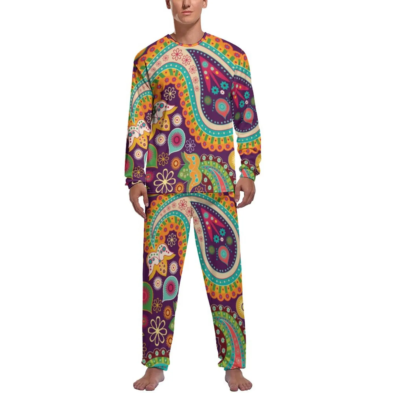 

Retro Hippie Pajamas Daily Paisley Bandanna Casual Nightwear Men 2 Pieces Graphic Long Sleeves Retro Pajama Sets