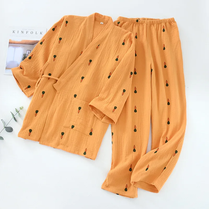 New 100% Cotton Crepe Women Long Sleeved Trousers Pajama Set V-Neck Carrot Printing Pajamas Kimono 2 Piece Soft Household Suit
New 100% Cotton Crepe Women Long Sleeved Trousers Pajama Set V-Neck Carrot Printing Pajamas Kimono 2 Piece Soft Household Suit