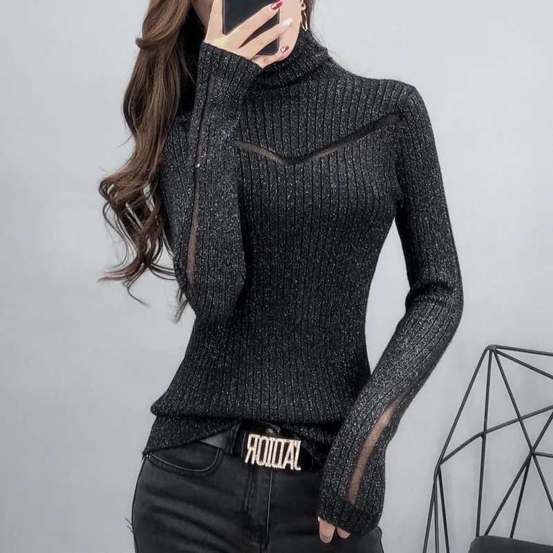 

Turtleneck Sweater Slim Female Sexy Long-sleeved Perspective Net Yarn Splicing Knitwear Bright Pull Ladies Sweaters Pullover Top