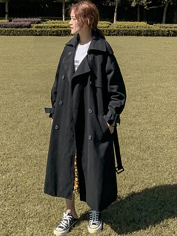 

Lautaro Spring Autumn Long Khaki Black Oversized Trench Coat for Women Double Belt Breasted Loose Casual Korean Fashion 2022
