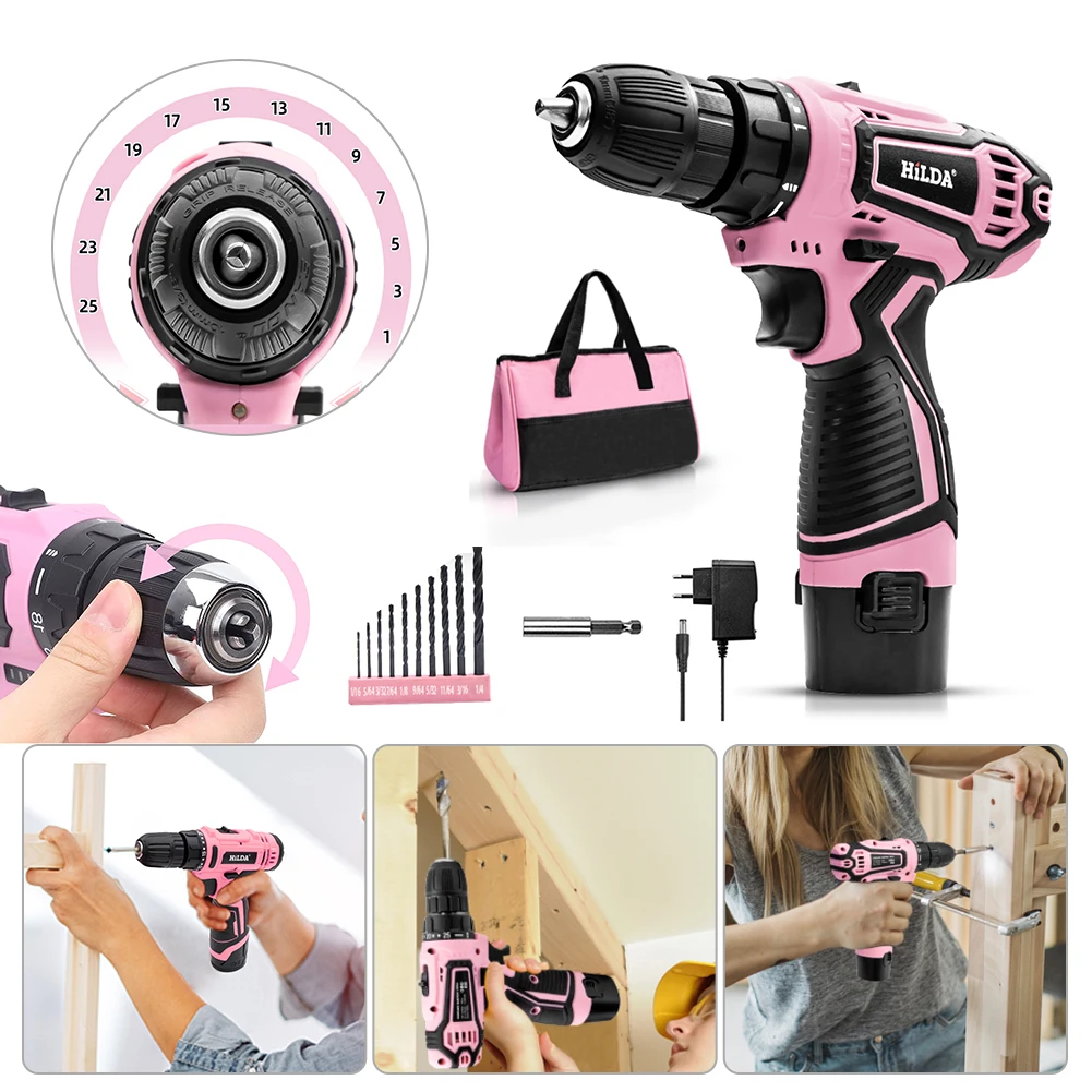 14Piece Pink Cordless 12V Lithium-ion Drill Driver Set House Repairing Tool With 12Inch Storage Bag Home Maintenance Tool Kit
14Piece Pink Cordless 12V Lithium-ion Drill Driver Set House Repairing Tool With 12Inch Storage Bag Home Maintenance Tool Kit