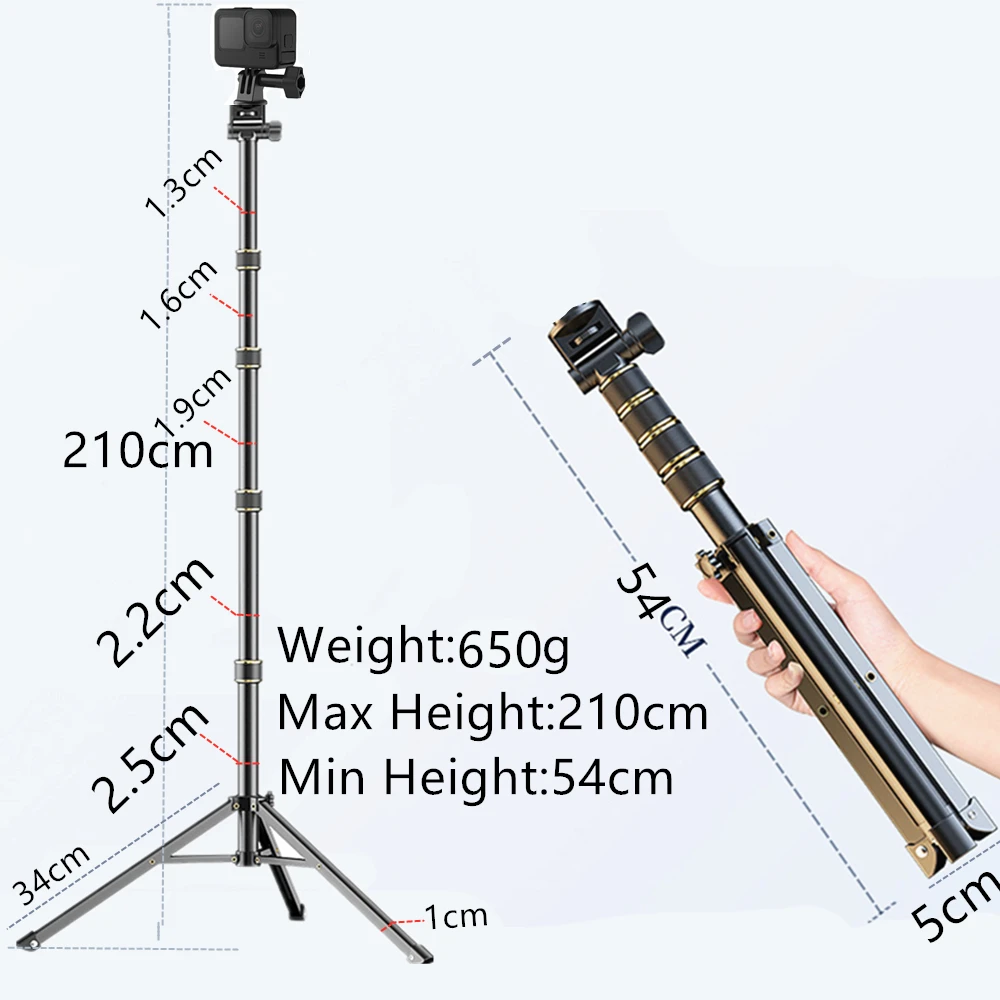 

2023 NEW Design 210cm Selfie Stick Tripod Foldable Monopod Light Stand For Gopro Hero 11 10 9 Action Dslr Cameras Smartphones