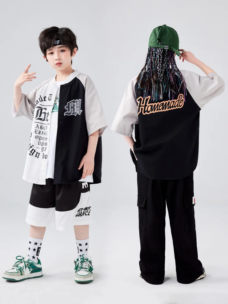 

New Children Ballroom Hip Hop Dance Costumes for Kids Loose Baseball Shirts Black Pants Streetwear Teen Boys Girls Jazz Clothes