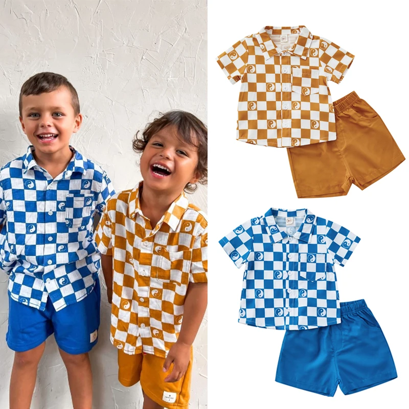 Женский летний повседневный комплект одежды для мальчиков, клетчатая однобортная рубашка с коротким рукавом и шорты, 2 шт. 
Женский летний повседневный комплект одежды для мальчиков, клетчатая однобортная рубашка с коротким рукавом и шорты, 2 шт.