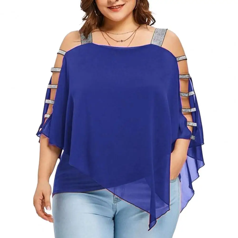 

Sexy Fashion Plus Size Tops Women Ladder Sling Cut Overlay Patchwork Hollow Out Blouse Strapless Tops Flare Sleeves Blouse