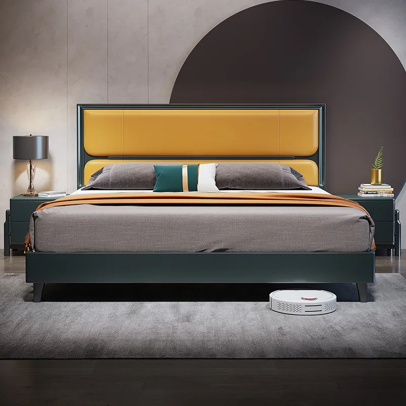 Modern light luxury bedroom solid wood bed double 1.8m simple orange leather backrest 1.5m air pressure high box storage bed 
Modern light luxury bedroom solid wood bed double 1.8m simple orange leather backrest 1.5m air pressure high box storage bed