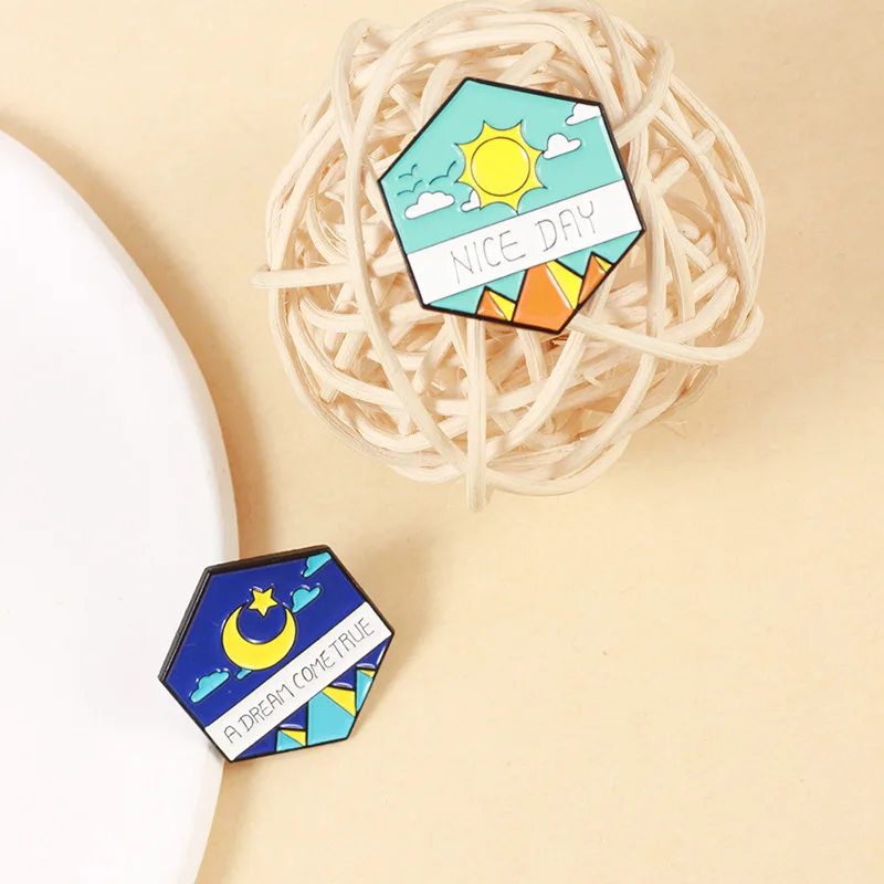 Hexagonal brooch sun and moon mountain backpack pin decorations for friends as gifts
Hexagonal brooch sun and moon mountain backpack pin decorations for friends as gifts