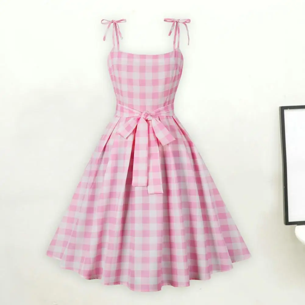 

Backless Dress Charming Pink Plaid Swing Dresses with Lace-up Bowknot Hidden Zipper for Cocktail Parties Costumes Sling Dress