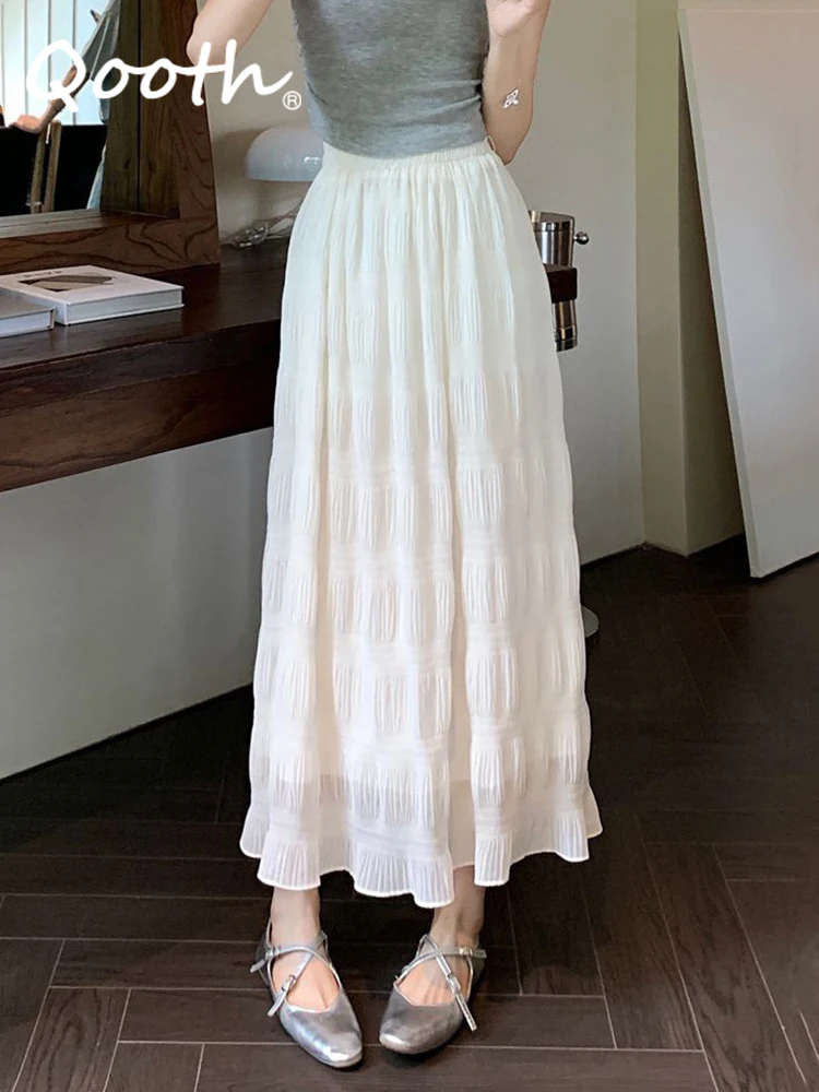

Женская Однотонная юбка-трапеция Qooth с эластичным поясом, элегантная винтажная плиссированная юбка миди с высокой талией для весны и лета, QT2216