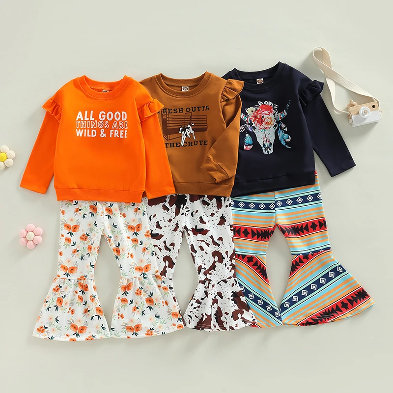 Autumn Toddler Baby Girls Outfits Long Sleeve Cattle Letter Print Sweatshirts + Floral/Geometric/Cow Flared Pants Clothes
Autumn Toddler Baby Girls Outfits Long Sleeve Cattle Letter Print Sweatshirts + Floral/Geometric/Cow Flared Pants Clothes