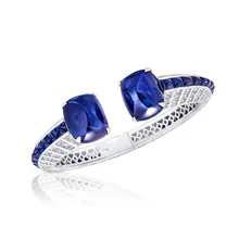 925 Sterling Silver High Carbon Diamond Cuff Bangles For Women With Double Created Sapphire Blue Stone Luxury Designer Jewelry
