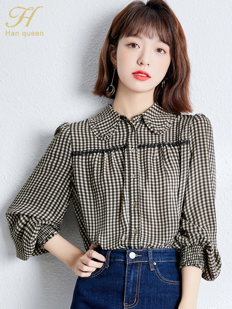 H Han Queen New Simple Autumn Chiffon Blouse Elegant Plaid Blouses Womens Loose Casual Blusas Vintage Shirts OL Office Wear Tops
H Han Queen New Simple Autumn Chiffon Blouse Elegant Plaid Blouses Womens Loose Casual Blusas Vintage Shirts OL Office Wear Tops