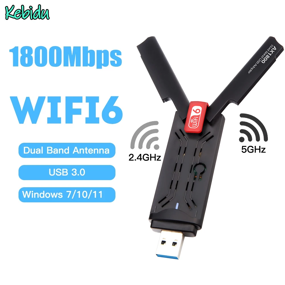 

Kebidu Dual Band 2.4Ghz 5GHz 1800Mbps Wifi 6 Adapter 802.11AC Network Card USB 3.0 Wifi Antenna Dongle For Laptop Desktop