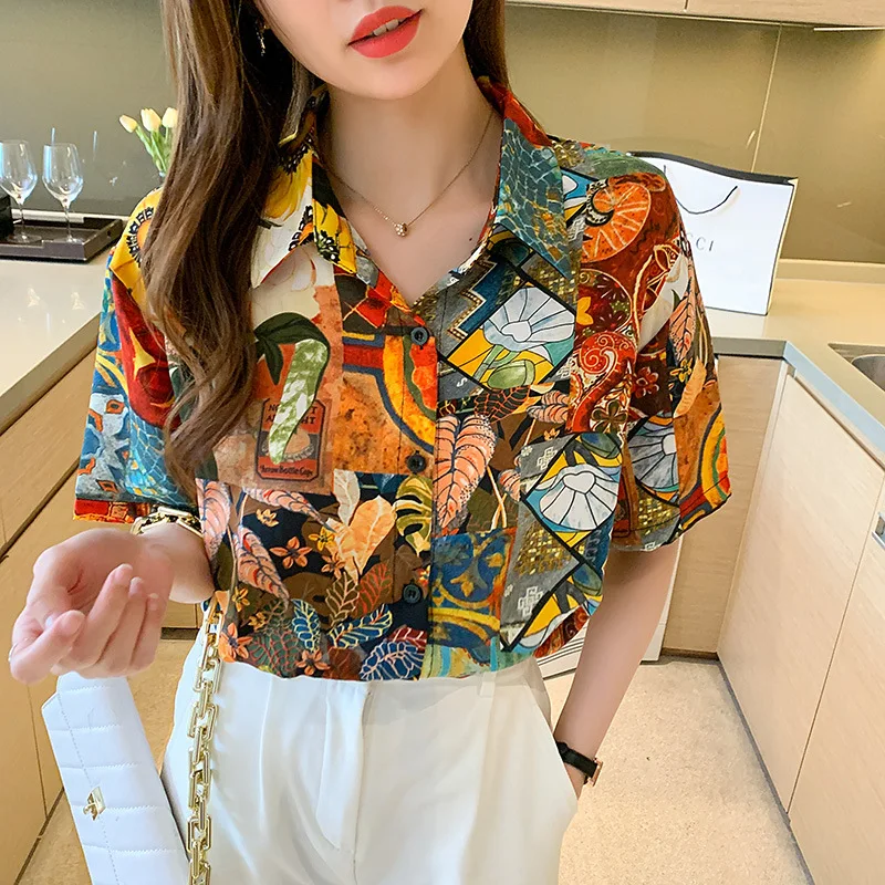 Chiffon Loose Women's Blouses New Casual Fashion Short Sleeve Top Printing Shirt Buttons Summer Korean Style Female Clothing
Chiffon Loose Women's Blouses New Casual Fashion Short Sleeve Top Printing Shirt Buttons Summer Korean Style Female Clothing