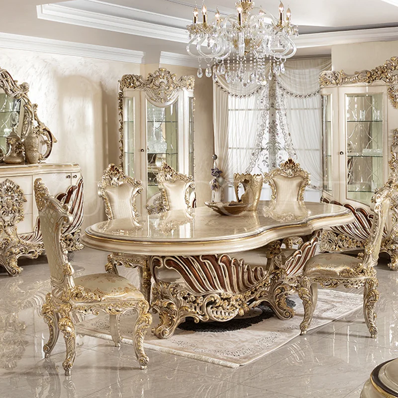 

Custom-made European-style solid wood dining table, dining tables and chairs for noble French court carved large-sized villas.