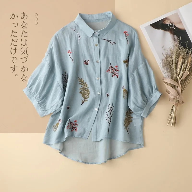 

Cotton Linen Embroidered Summer Seven-point Sleeve Shirt 2023 New Literary Women Loose Large Yards Temperament Lapel Casual Tops