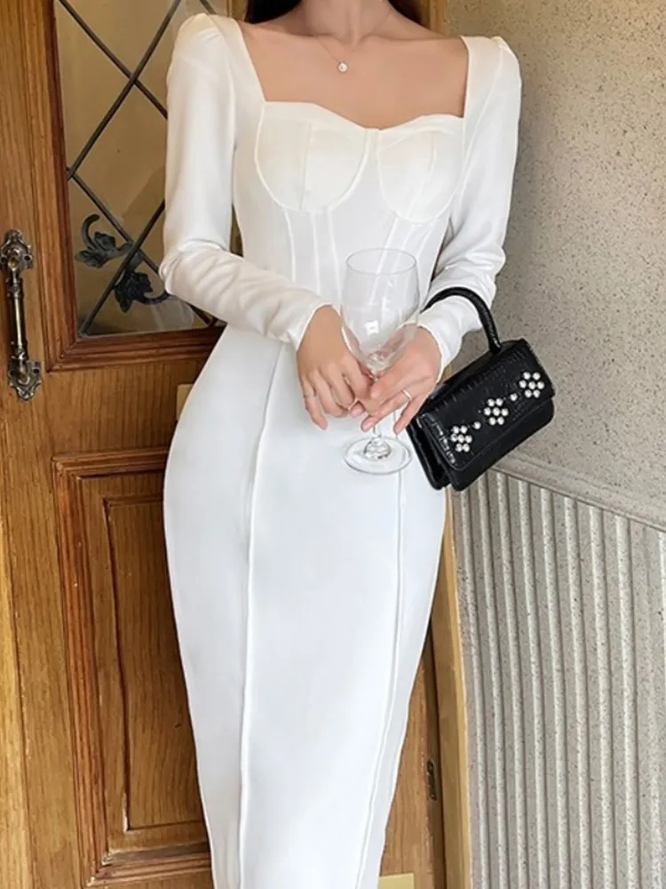 Women'S Sexy Bodycon Square Collar White Maxi Dress Femme Elegant Back Split Slim Party Robe Vestido Spring Autumn Outerwear
Women'S Sexy Bodycon Square Collar White Maxi Dress Femme Elegant Back Split Slim Party Robe Vestido Spring Autumn Outerwear