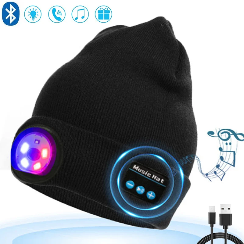 

Winter Knitted Beanie Hat LED Headlamp Wireless Bluetooth Earphone Hat Lamp Outdoor Mountaineering Handfree Music Headphone Hat
