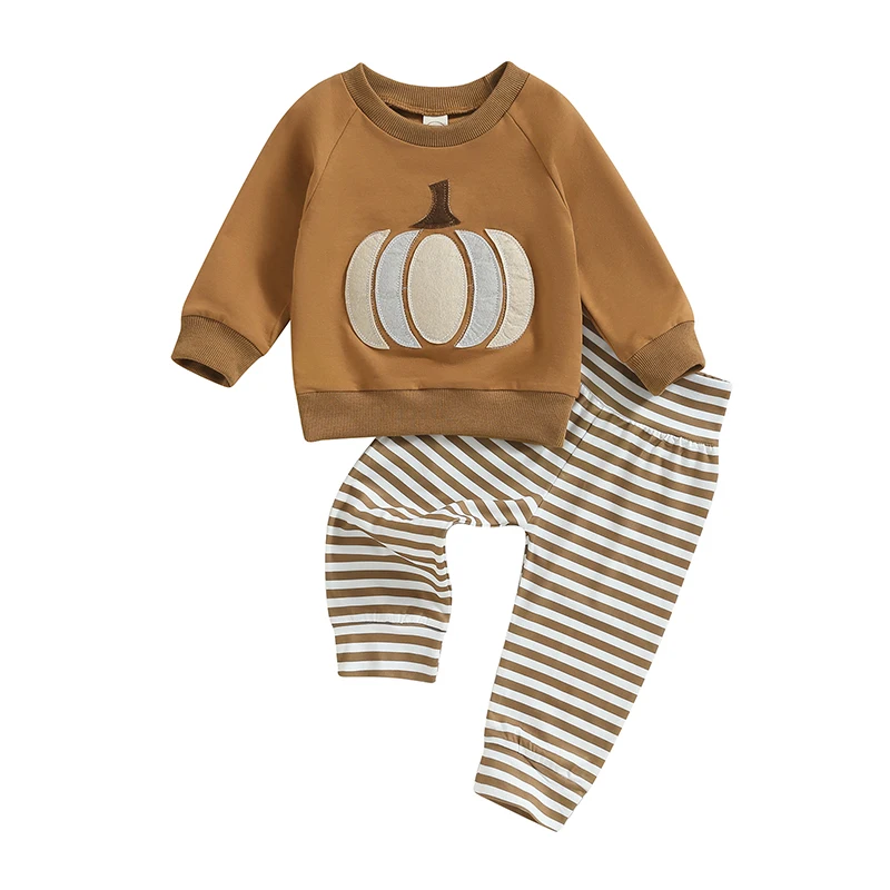 Baby 2 Piece Outfit Cute Pumpkin Print Long Sleeve Sweatshirt and Striped Pants Set for Newborn Infant Fall Clothes 
Baby 2 Piece Outfit Cute Pumpkin Print Long Sleeve Sweatshirt and Striped Pants Set for Newborn Infant Fall Clothes