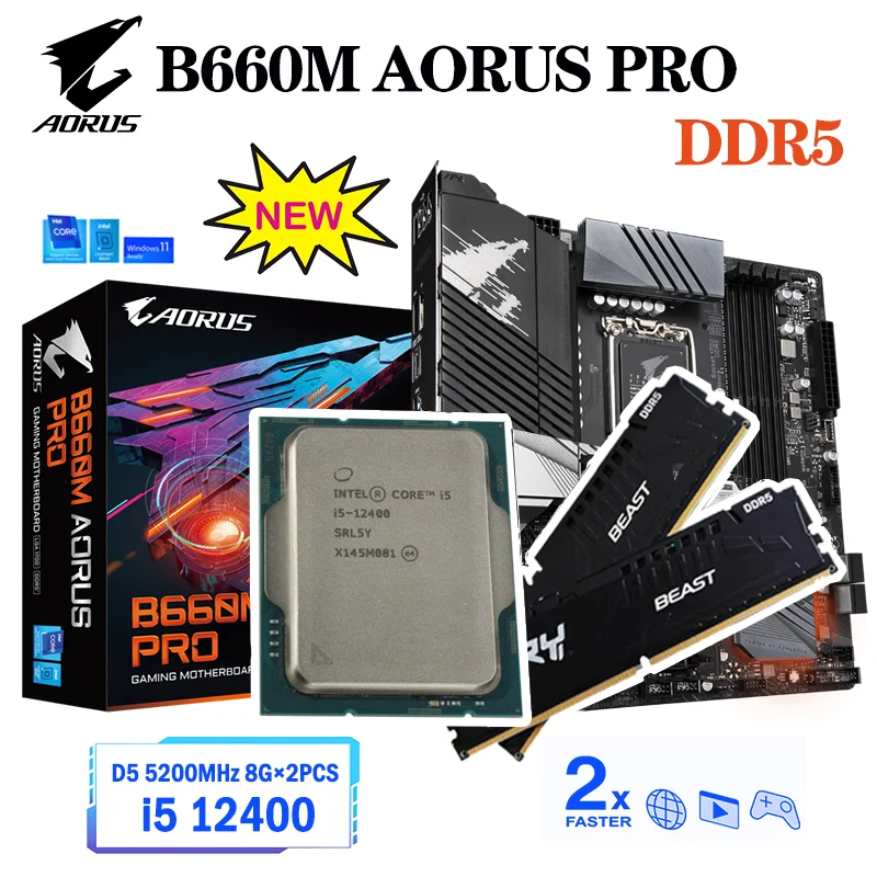 

Материнская плата Gigabyte LGA 1700 B660M AORUS PRO DDR5 128G + i5 12400, комбинированный процессор с поддержкой процессора 12-го поколения Intel B660 128 ГБ DDR5, материнск...