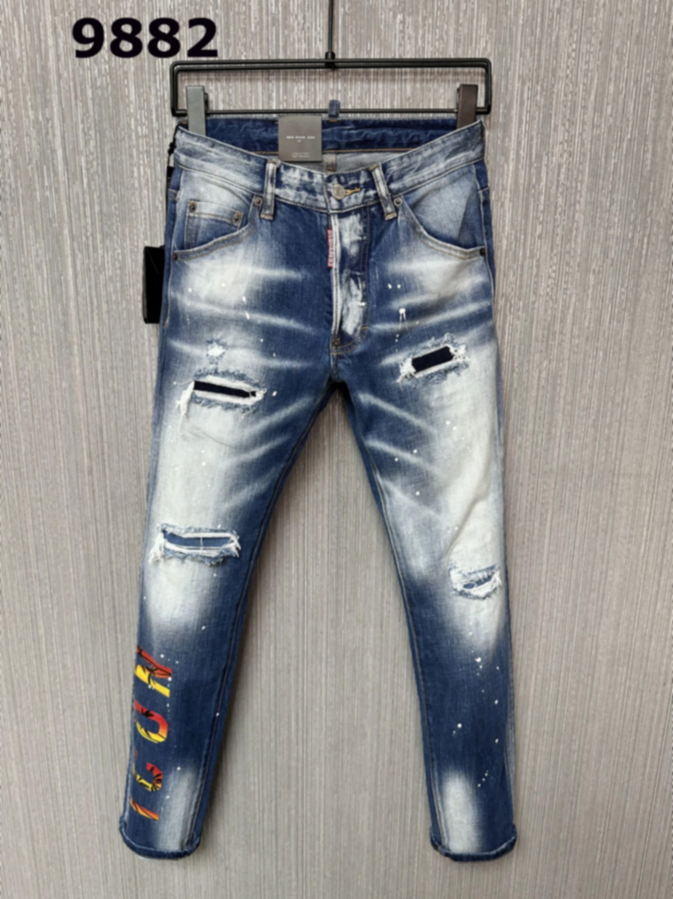 

2023 New Icon Printed Jeans Men's Fashion Outwear Tear Patch Ink Bleached Elastic Feet Men's Zipper Fly Homme Long Pants