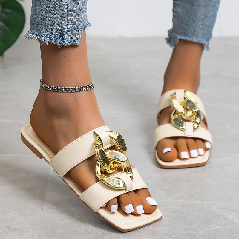 Ladies Slippers 2023 New Ladies Slippers Summer Fashion Metal Trim Square Toe Leather Flat Slippers Beach Open Toe Flip Flops
Ladies Slippers 2023 New Ladies Slippers Summer Fashion Metal Trim Square Toe Leather Flat Slippers Beach Open Toe Flip Flops