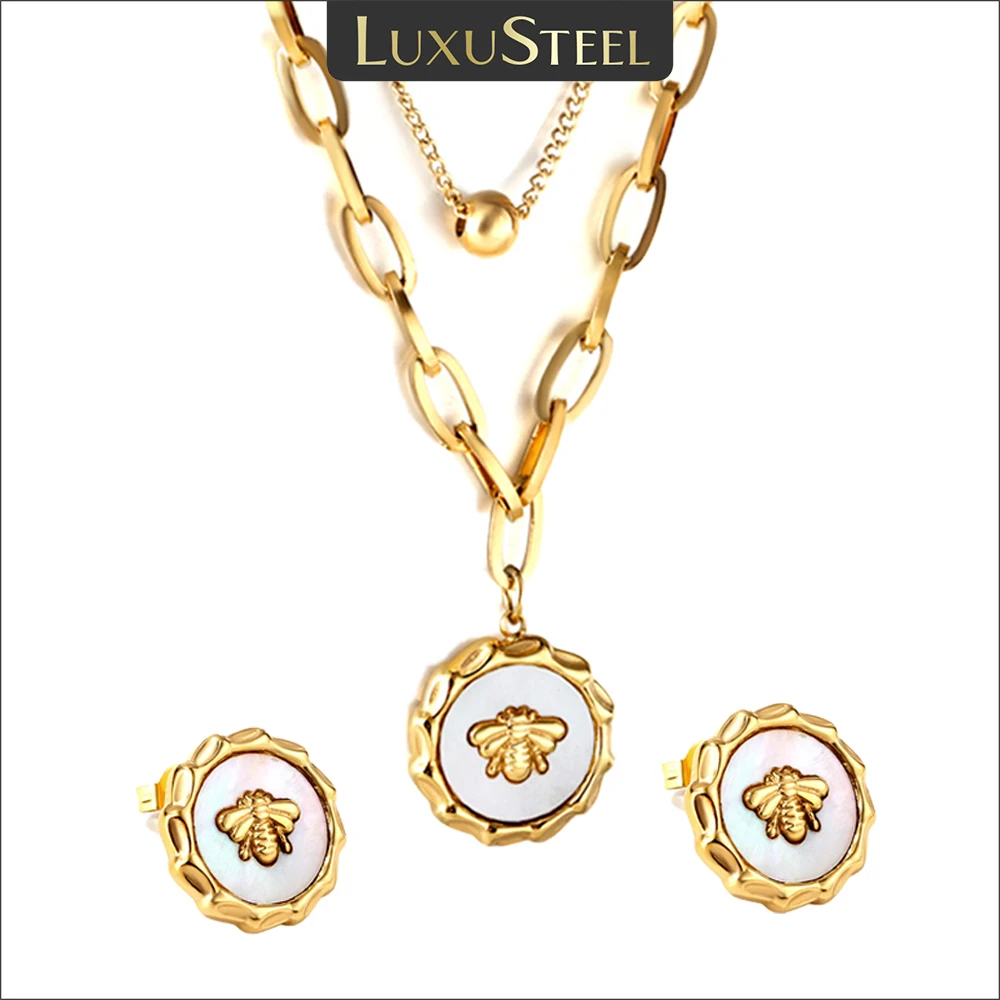 LUXUSTEEL Stainless Steel Jewelry Set For Women White Shells Bee Insects Pendant Necklace Earrings Luxury Fashion Wedding Gifts
LUXUSTEEL Stainless Steel Jewelry Set For Women White Shells Bee Insects Pendant Necklace Earrings Luxury Fashion Wedding Gifts