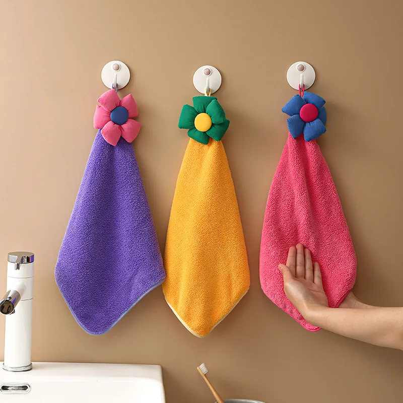 

Sun Flower Shape Wipe Hand Towels Hanging Soft Coral Velvet Cloth Absorbent Dishcloths for Kitchen Bathroom Quick-Drying Towel