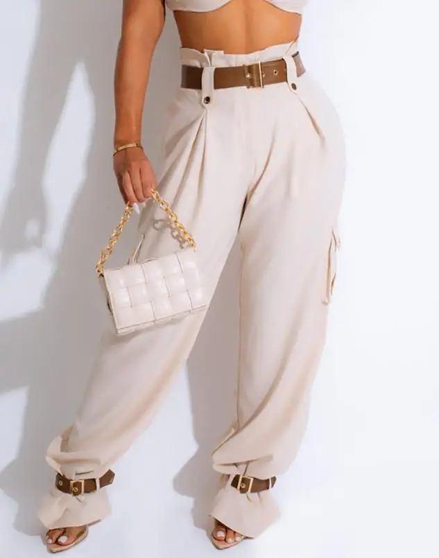 

2023 New Fashion Women's Pants Elegant Paperbag Waist Belted Pocket Design Cargo Pants Female Trouser Casual Bottom