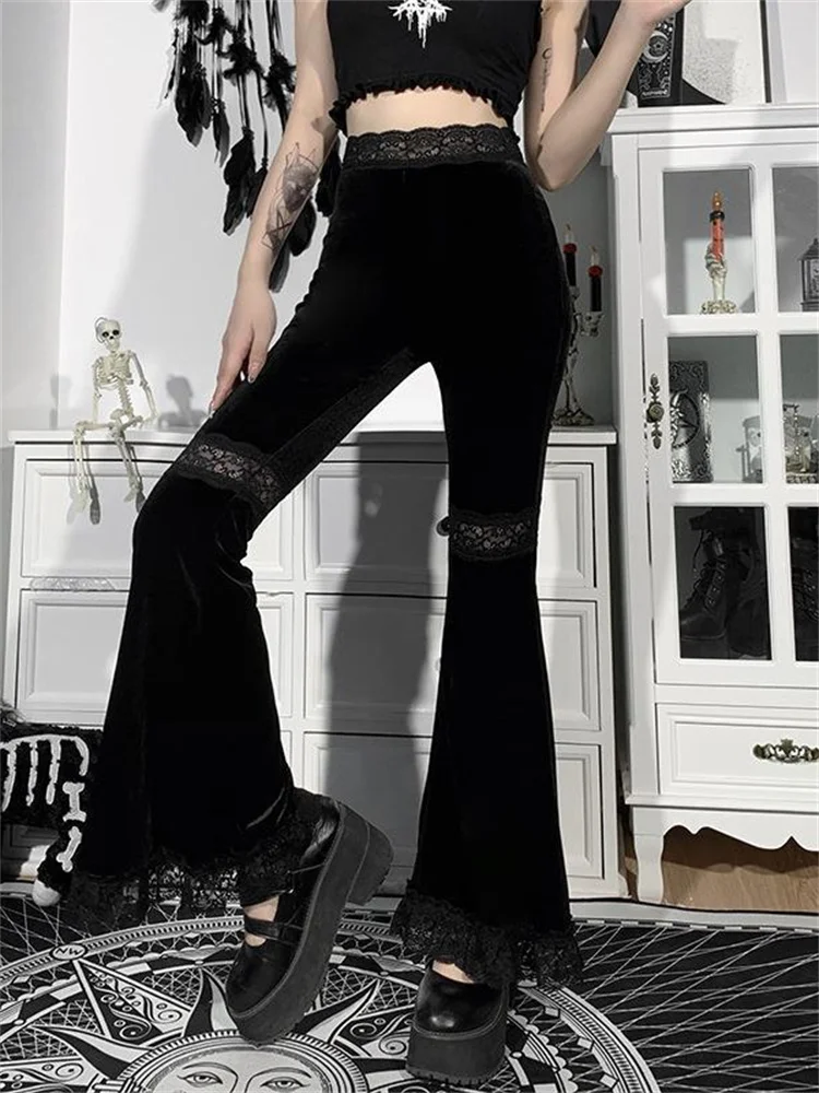

Бархатные брюки Y2K, готические прозрачные зимние сетчатые Брюки-клеш в стиле гранж, уличная одежда, новинка 2023, винтажные черные расклешенные брюки с поясом для E-Girl