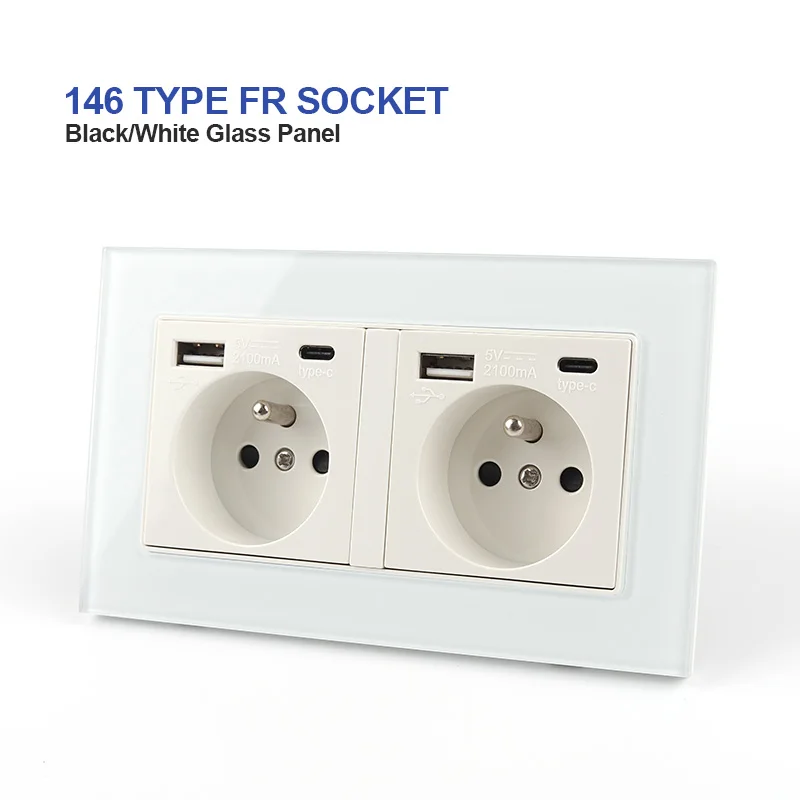 

Стандартная домашняя настенная двойная розетка FR с портом USB Type-C для зарядки, белая/черная прозрачная стеклянная панель, двойная рамка, розе...