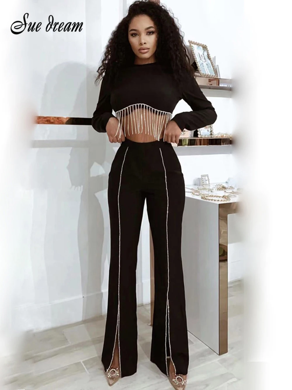 High Quality Fashion O-Neck Long Sleeve Diamond Tassel Top & Split Pants 2 Piece Two Piece Sexy Club Party Birthday Set
High Quality Fashion O-Neck Long Sleeve Diamond Tassel Top & Split Pants 2 Piece Two Piece Sexy Club Party Birthday Set