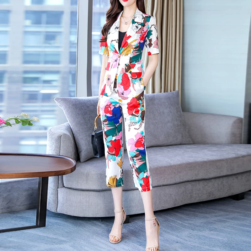 Summer Women Office Casual Suit Print Two-Piece Pantsuit Elegant Short Sleeve Blazer Female Set Calf-Length Pencil Pants Sets
Summer Women Office Casual Suit Print Two-Piece Pantsuit Elegant Short Sleeve Blazer Female Set Calf-Length Pencil Pants Sets