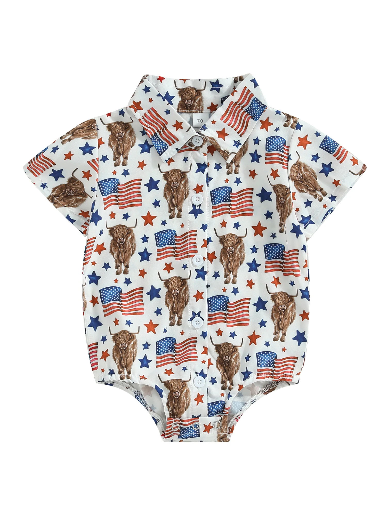 

4th of July Baby Boy Clothes Shirt Bodysuit Cow Print Button Up Short Sleeve Romper Oneise Western Cowboy Outfit