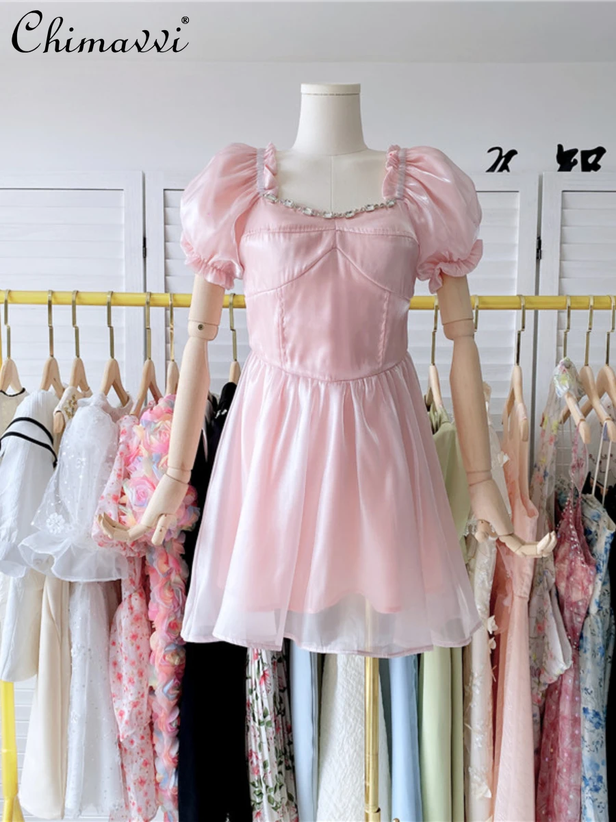 Elegant Fairy Pink Strapless Puff Sleeve Princess Above Knee Dress 2022 Summer Women's Fashion Sweet Simple Solid Mesh Dress 
Elegant Fairy Pink Strapless Puff Sleeve Princess Above Knee Dress 2022 Summer Women's Fashion Sweet Simple Solid Mesh Dress