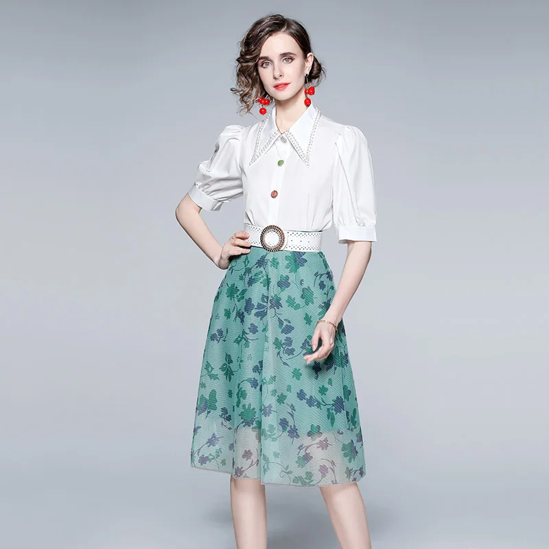 Summer Elegant Casual Two Piece Suit Women's Puff Sleeve Beading Lapel White Shirt Top+Flower Print Mesh Belt Skirts Set
Summer Elegant Casual Two Piece Suit Women's Puff Sleeve Beading Lapel White Shirt Top+Flower Print Mesh Belt Skirts Set