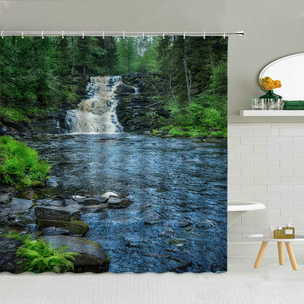 

Lake Landscape Bathroom Decor Waterfall River Trees Unicorn Shower Curtain Set Green Plant Forest Heart-shaped Scenery Curtains