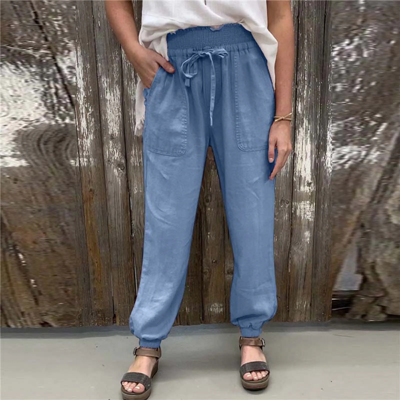 Women's Trousers Casual Elastic Waist Drawstring Pants Solid Comfy Casual Cotton Linen Pants With Pockets Pantalones De Mujer 
Women's Trousers Casual Elastic Waist Drawstring Pants Solid Comfy Casual Cotton Linen Pants With Pockets Pantalones De Mujer