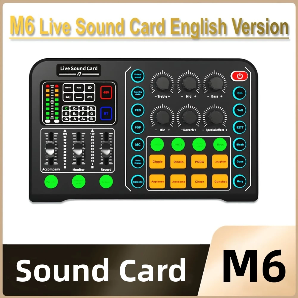 M6 RGB Sound Card USB Voice Changer Mic Audio Mixer For Phone PC Live Broadcast Game Live Broadcast Music Multifunctional
M6 RGB Sound Card USB Voice Changer Mic Audio Mixer For Phone PC Live Broadcast Game Live Broadcast Music Multifunctional