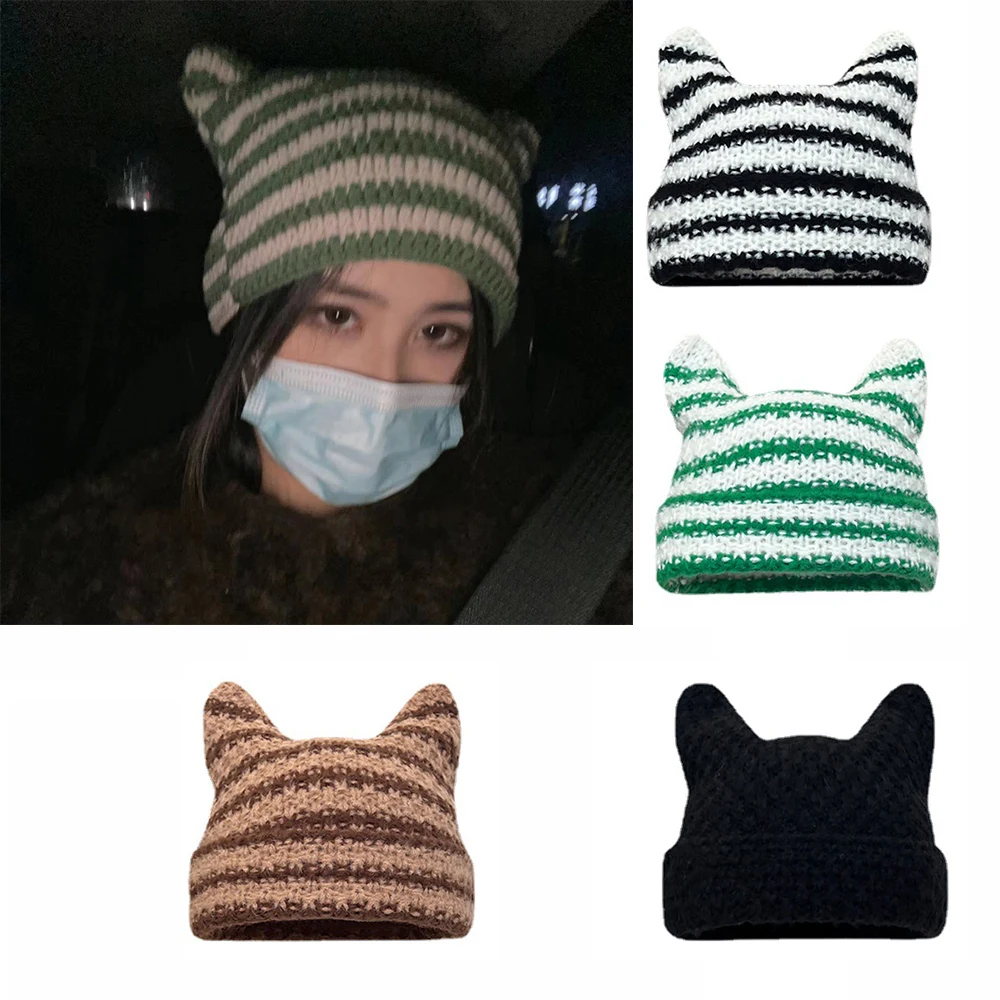 2022 New Women Stripe Knitted Cat Ear Cap Y2K Harajuku Punk Gothic Little Devil Hat Kawaii Winter Handmade Beanie Female Caps
2022 New Women Stripe Knitted Cat Ear Cap Y2K Harajuku Punk Gothic Little Devil Hat Kawaii Winter Handmade Beanie Female Caps