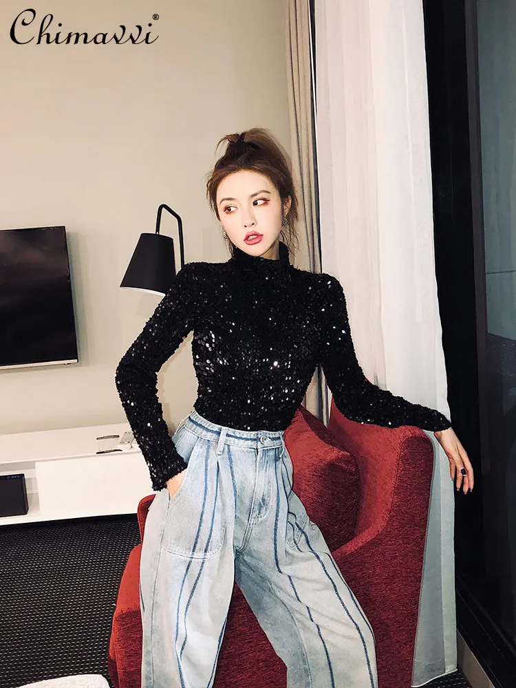 Fashion Sequin Half Turtleneck Bottoming Shirt Women 2023 Spring New Streetwear Sequined Top Slim Inner Wear Long Sleeve T-shirt
Fashion Sequin Half Turtleneck Bottoming Shirt Women 2023 Spring New Streetwear Sequined Top Slim Inner Wear Long Sleeve T-shirt