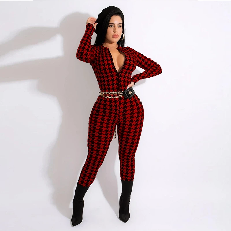 Houndstooth Sexy Bodycon White Jumpsuit Long Sleeve Birthday Party Outfits for Women Zip Up One Piece Club Wear Rompers 
Houndstooth Sexy Bodycon White Jumpsuit Long Sleeve Birthday Party Outfits for Women Zip Up One Piece Club Wear Rompers