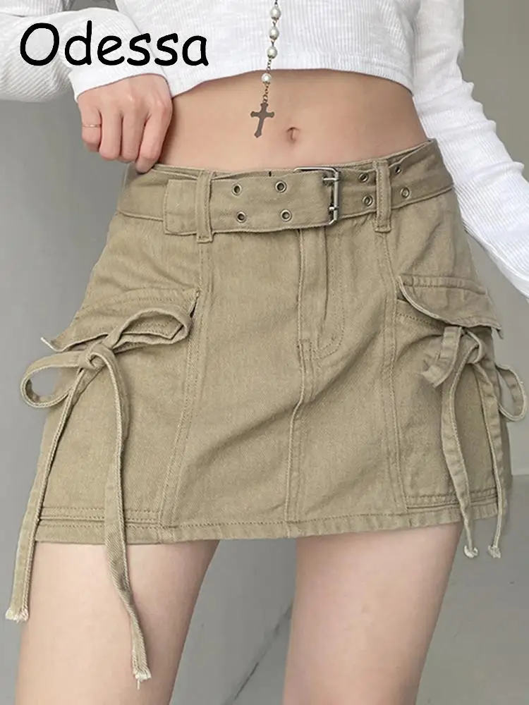 

Odessa Basic Belted Low Waist Micro Skirts Women Y2K Aesthetics 90S Pockets Denim Skirt Cute Bottoms Clubwear Summer Streetwear