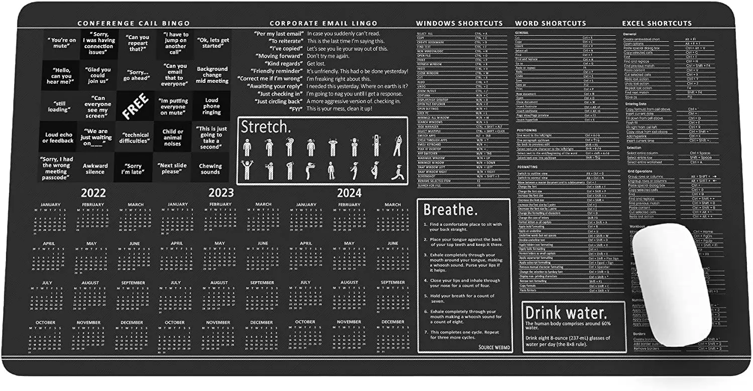 Large Office Mouse Mat Conference Call Bingo Mouse Pad for Desk Excel Shortcuts Windows Shortcuts Word Shortcuts Employee Gift
Large Office Mouse Mat Conference Call Bingo Mouse Pad for Desk Excel Shortcuts Windows Shortcuts Word Shortcuts Employee Gift