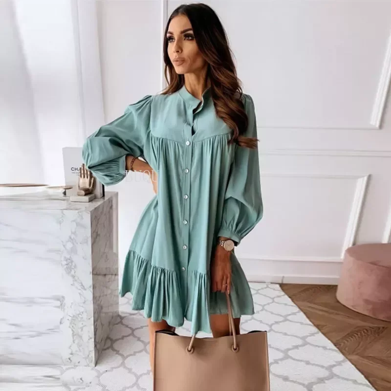 Women skirt Vintage Ruffled Front Button A-line Dress Long Sleeve Stand Collar Solid Elegant Casual Mini Dress 2021 Autumn New D
Women skirt Vintage Ruffled Front Button A-line Dress Long Sleeve Stand Collar Solid Elegant Casual Mini Dress 2021 Autumn New D