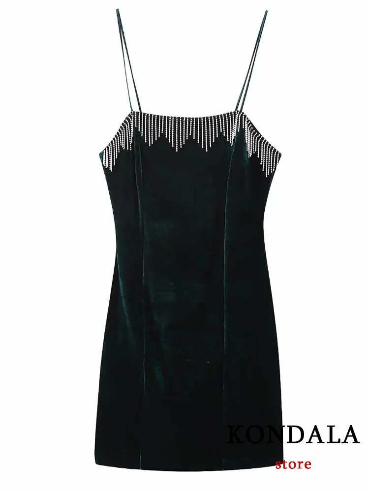 

KONDALA Chic Solid Green TASSEL Women Night Party Club Mini Dress Cami Luxury Vintage Dress Fashion 2022 Club Autumn Vestidos