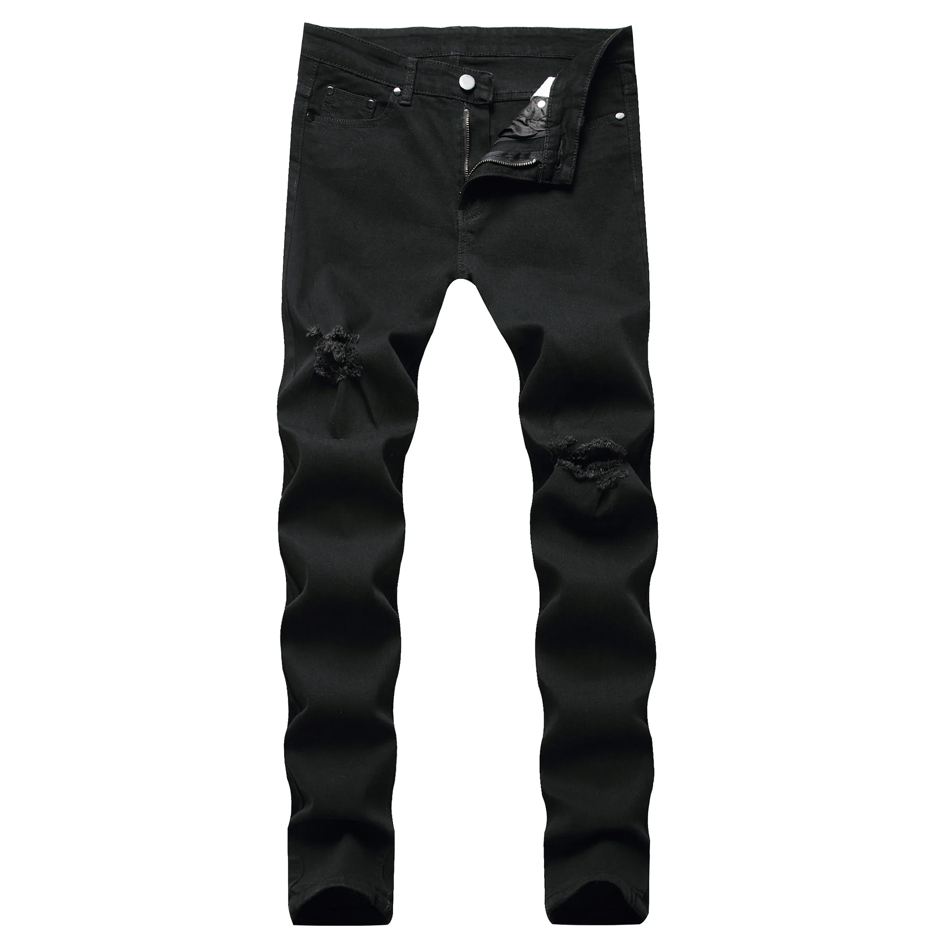 

Black Button Men Jeans Fashion Skinny Biker Ripper Motocycle Denim Pants Full Length