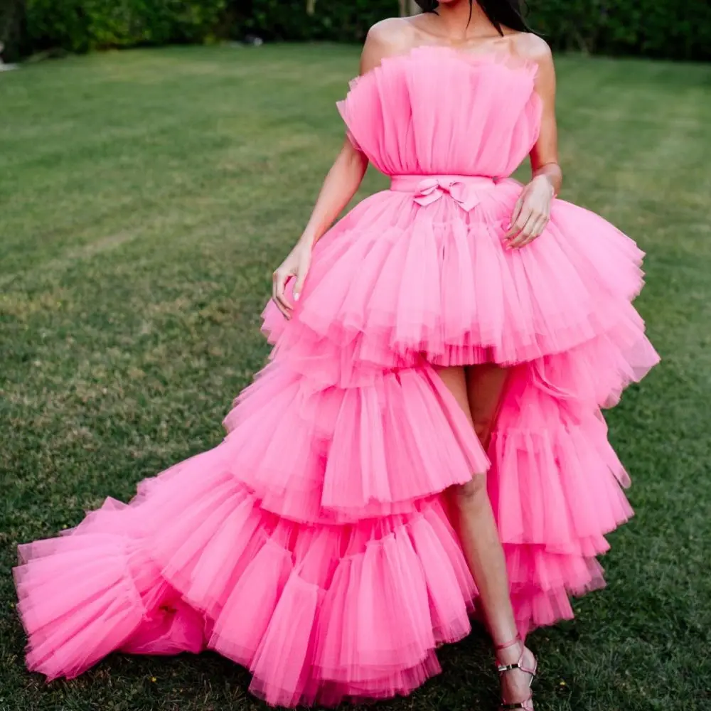 

Kendall Jenner Fuchsia Prom Dresses High Low Strapless Tiered Pleat Tulle Evening Celebrity Gowns 2022 Formal Party Dresses New